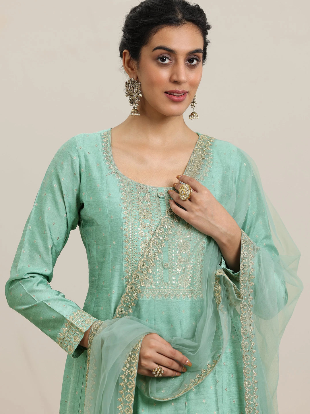  Sea Green Embroidered Chanderi Silk Anarkali Suit With Dupatta 