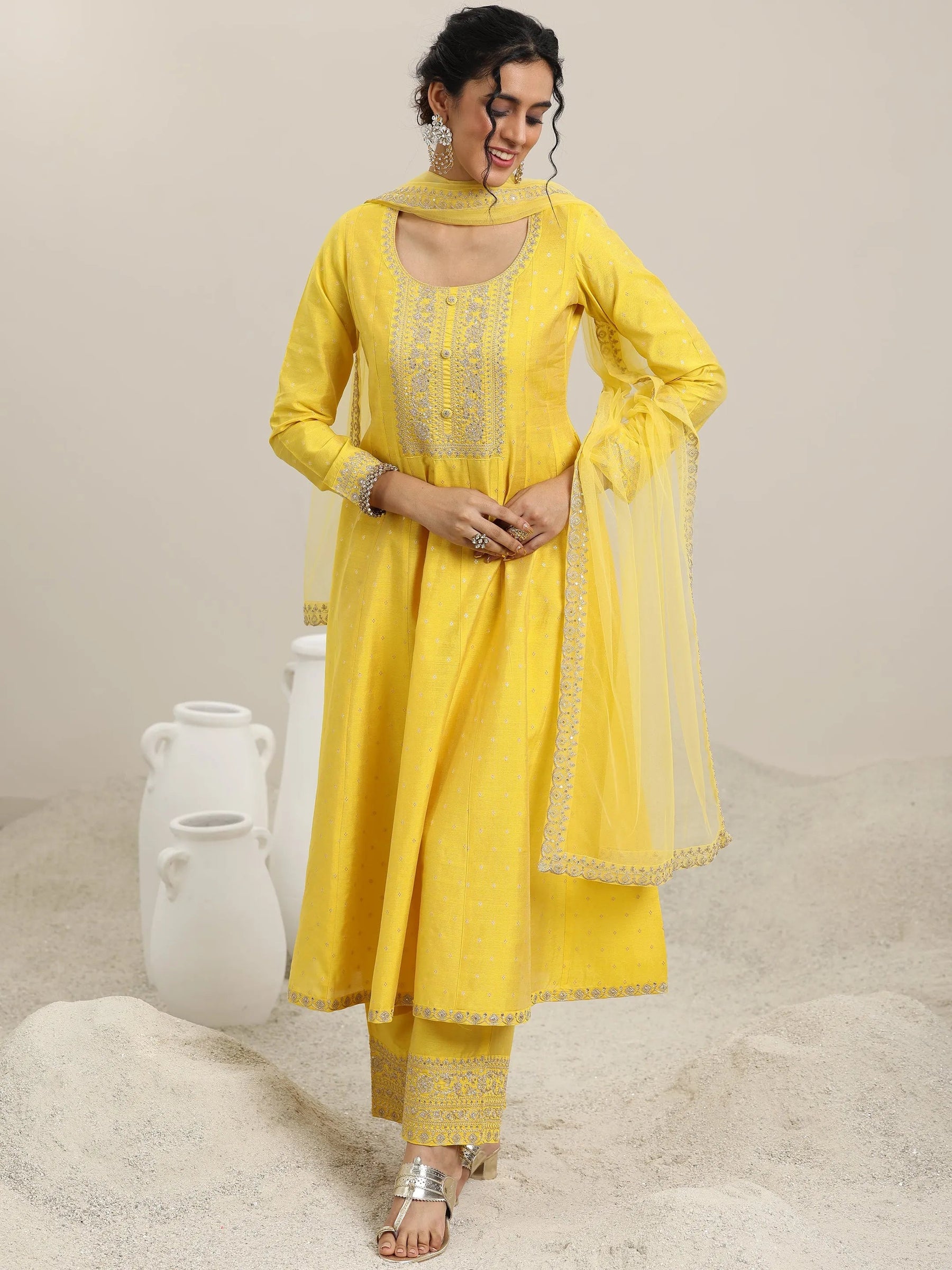 Yellow Embroidered Chanderi Silk Anarkali Suit With Dupatta