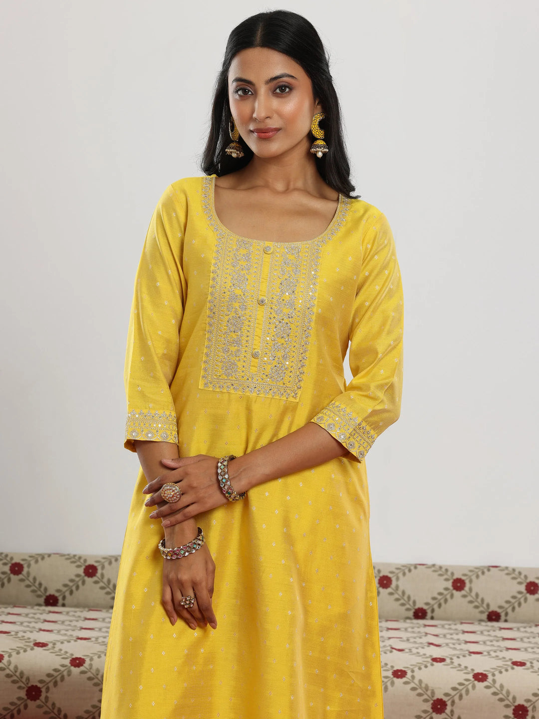  Yellow Woven Design Chanderi Silk A-Line Kurta With Trousers & Dupatta 