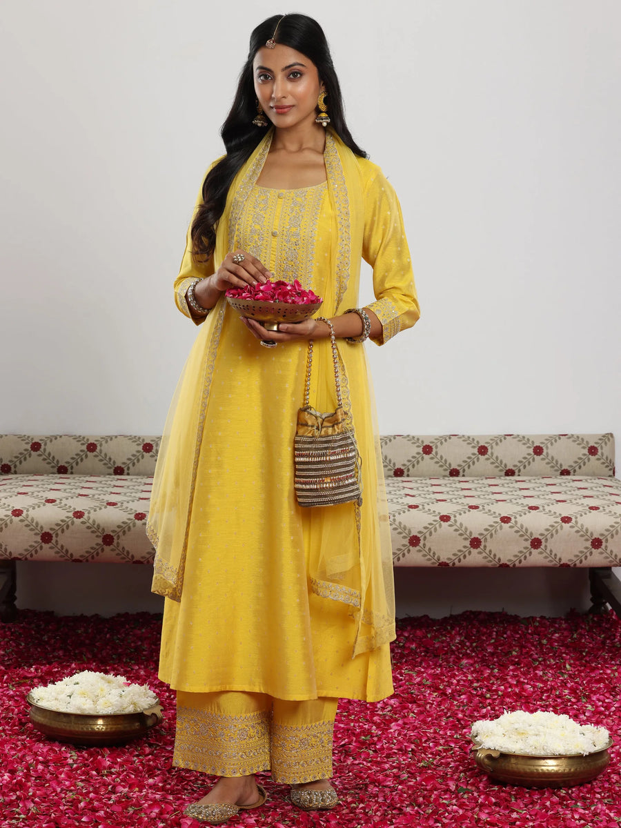 Yellow Printed Chanderi Silk Straight Suit Set