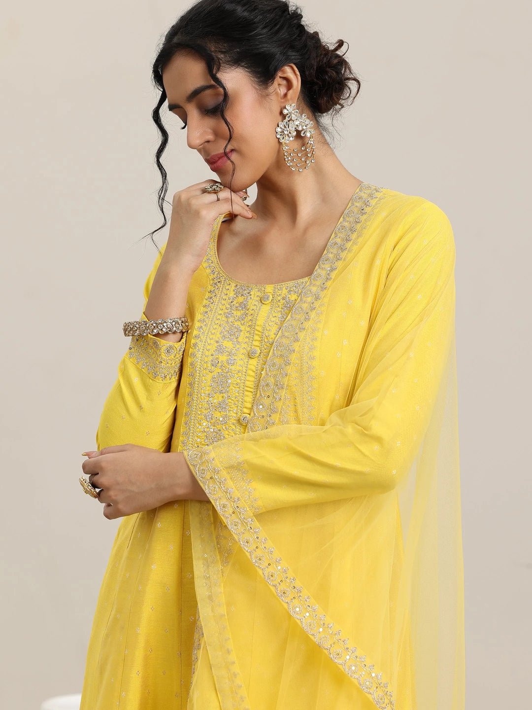  Yellow Embroidered Chanderi Silk Anarkali Suit With Dupatta 