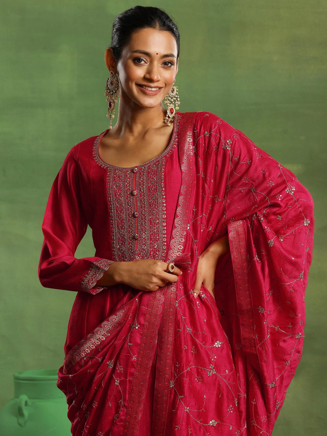  Pink Embroidered Chanderi Silk Anarkali Suit With Dupatta 