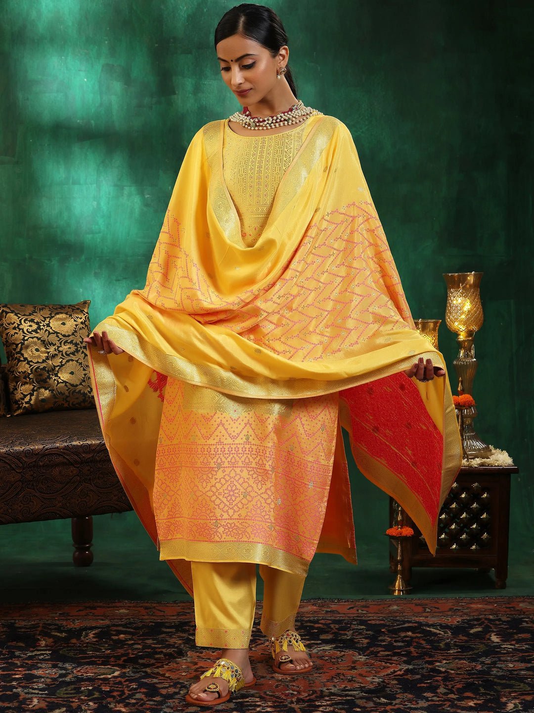  Yellow Embroidered Silk Blend Straight Suit With Dupatta 