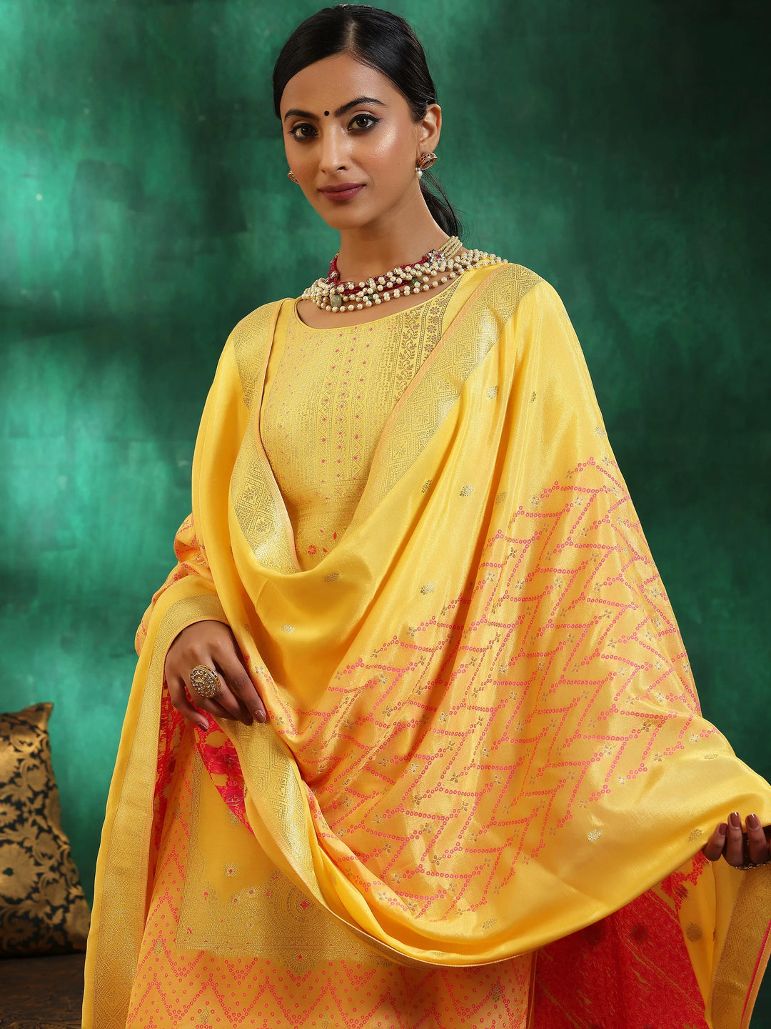  Yellow Embroidered Silk Blend Straight Suit With Dupatta 