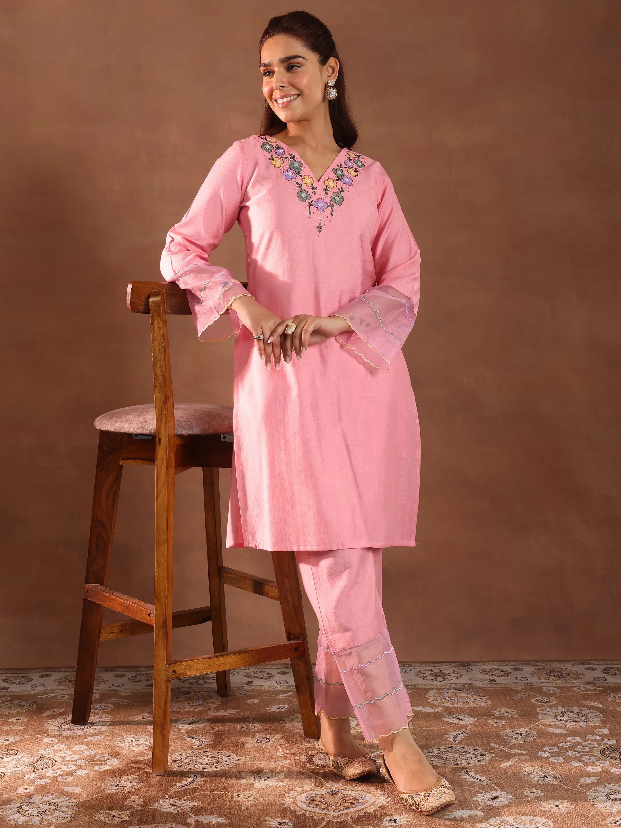 libas Pink Yoke Design Silk Blend Straight Kurta Set-picture-45