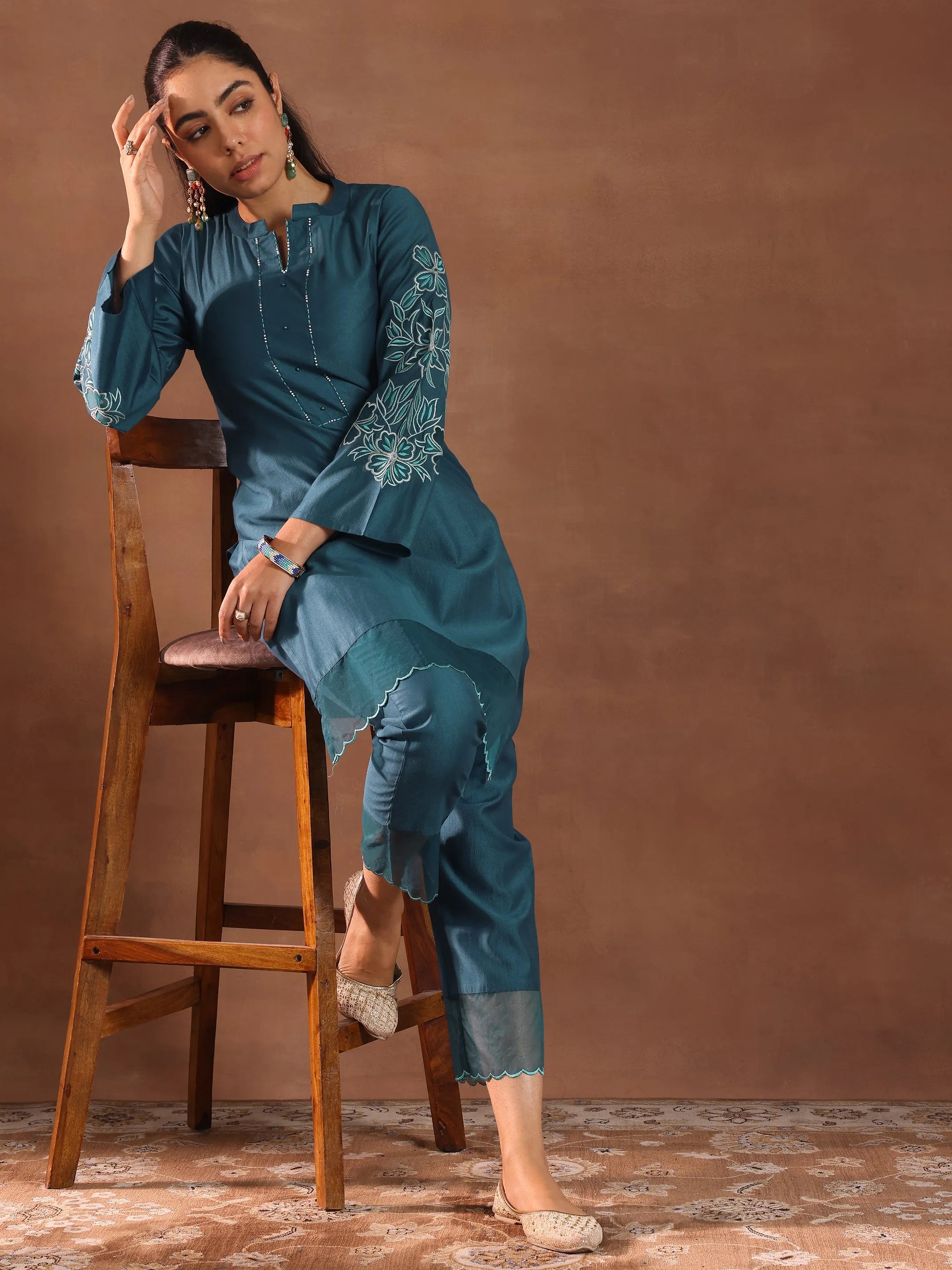 libas Blue Embroidered Silk Blend Straight Kurta Set-picture-44