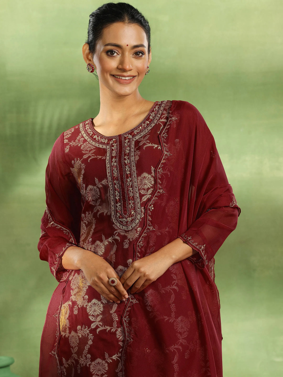  Maroon Woven Design Organza Straight Suit With Dupatta 