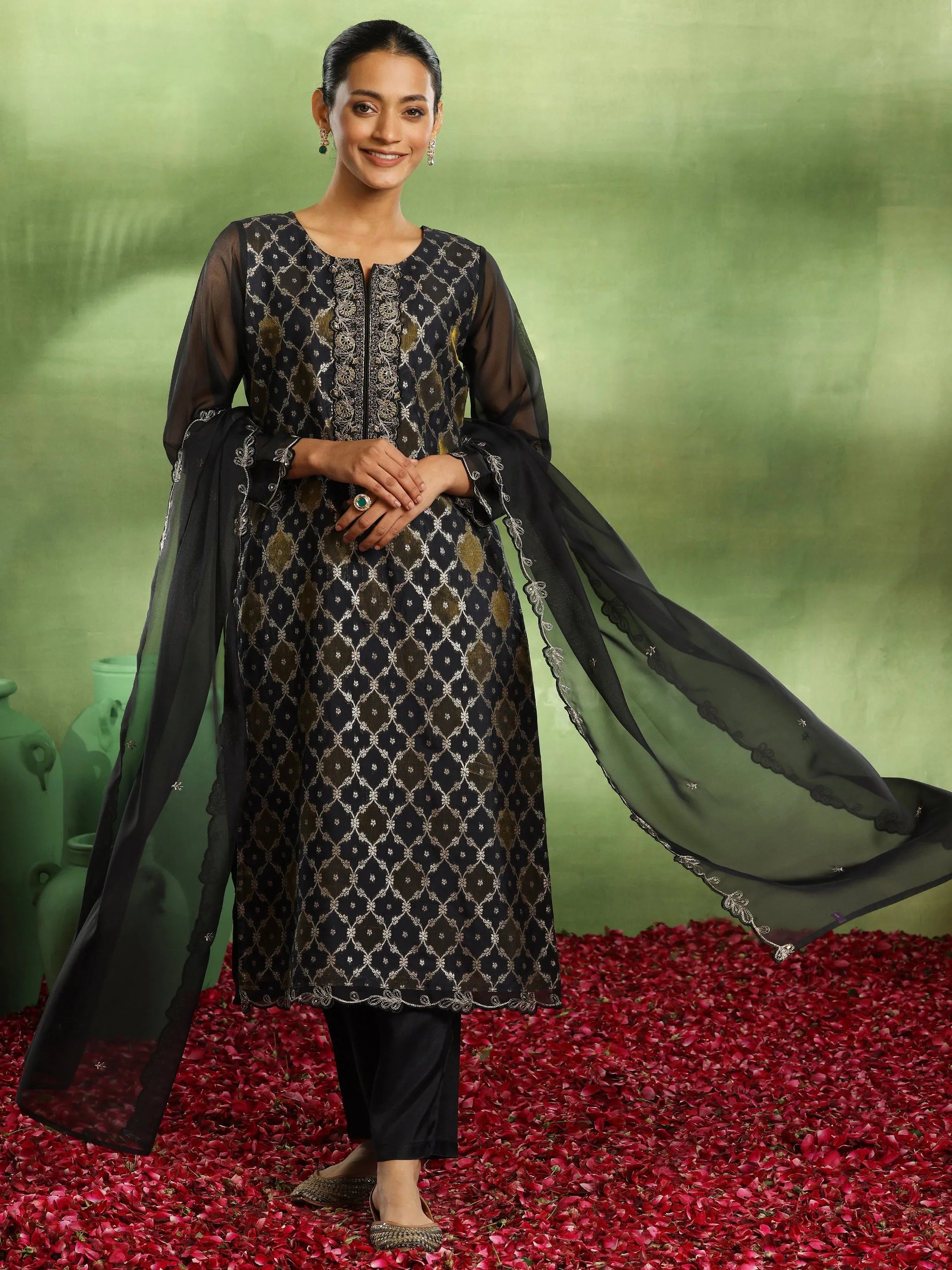 Black Woven Design Organza Straight Suit With Dupatta-image-32