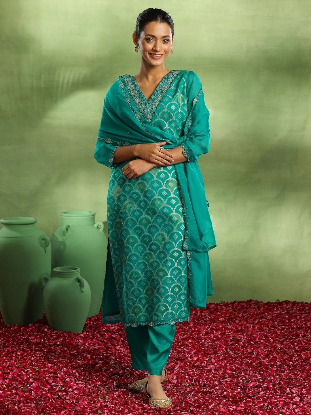  Green Woven Design Organza Straight Suit With Dupatta 