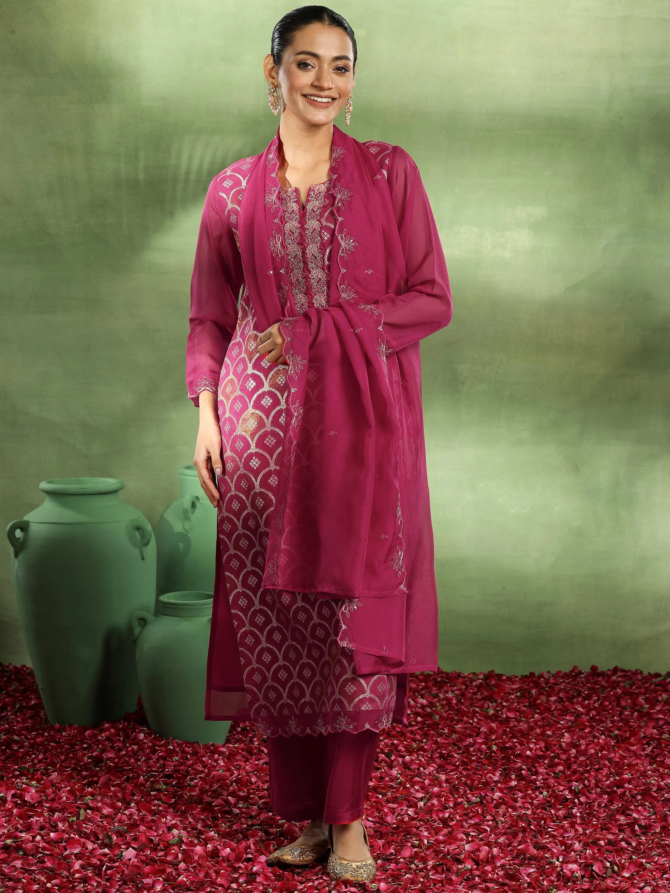 libas Pink Woven Design Organza Straight Suit With Dupatta-picture-16