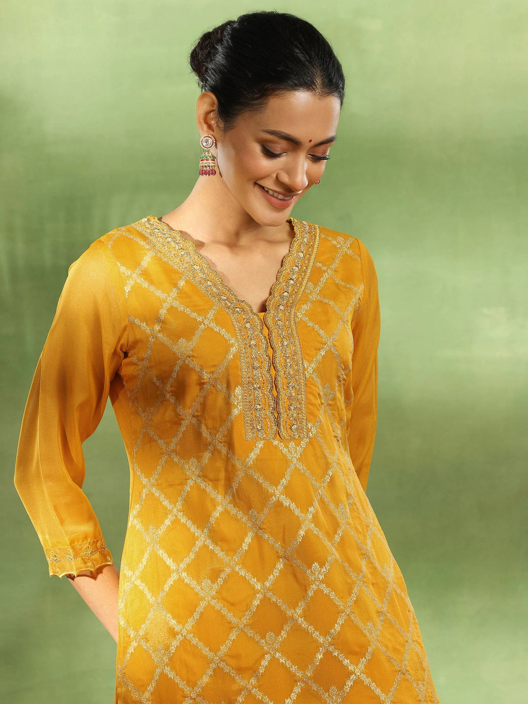  Yellow Woven Design Organza Straight Suit With Dupatta 