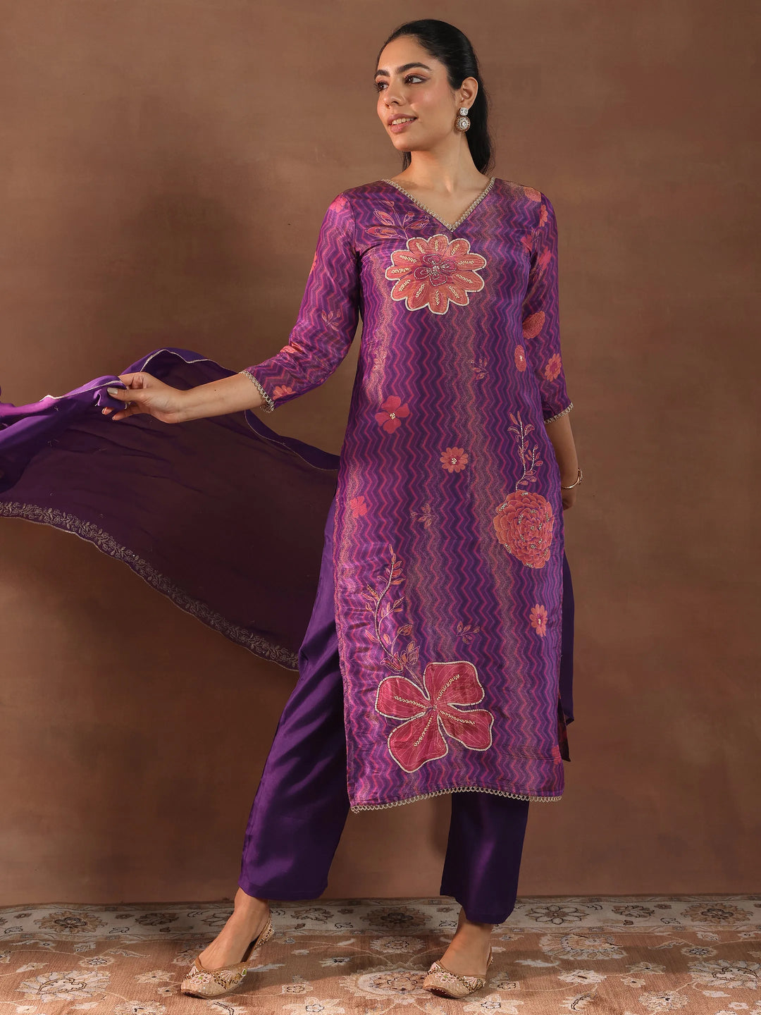  Purple Printed Silk Blend Straight Suit With Dupatta 