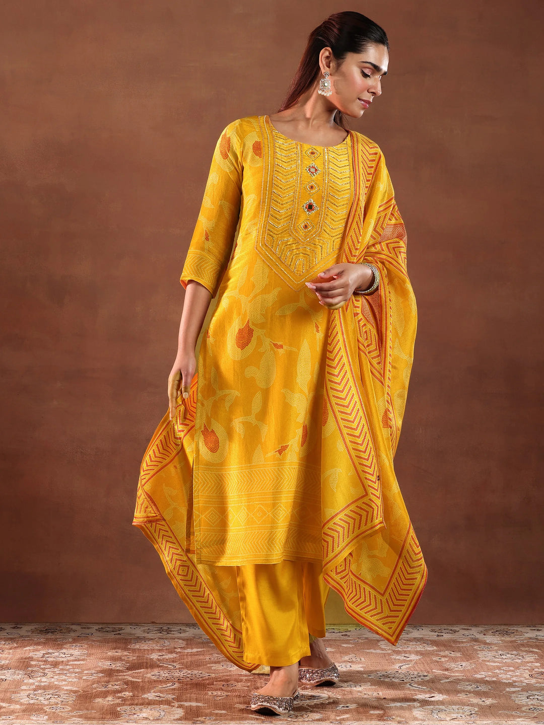  Mustard Printed Silk Blend Straight Suit With Dupatta 