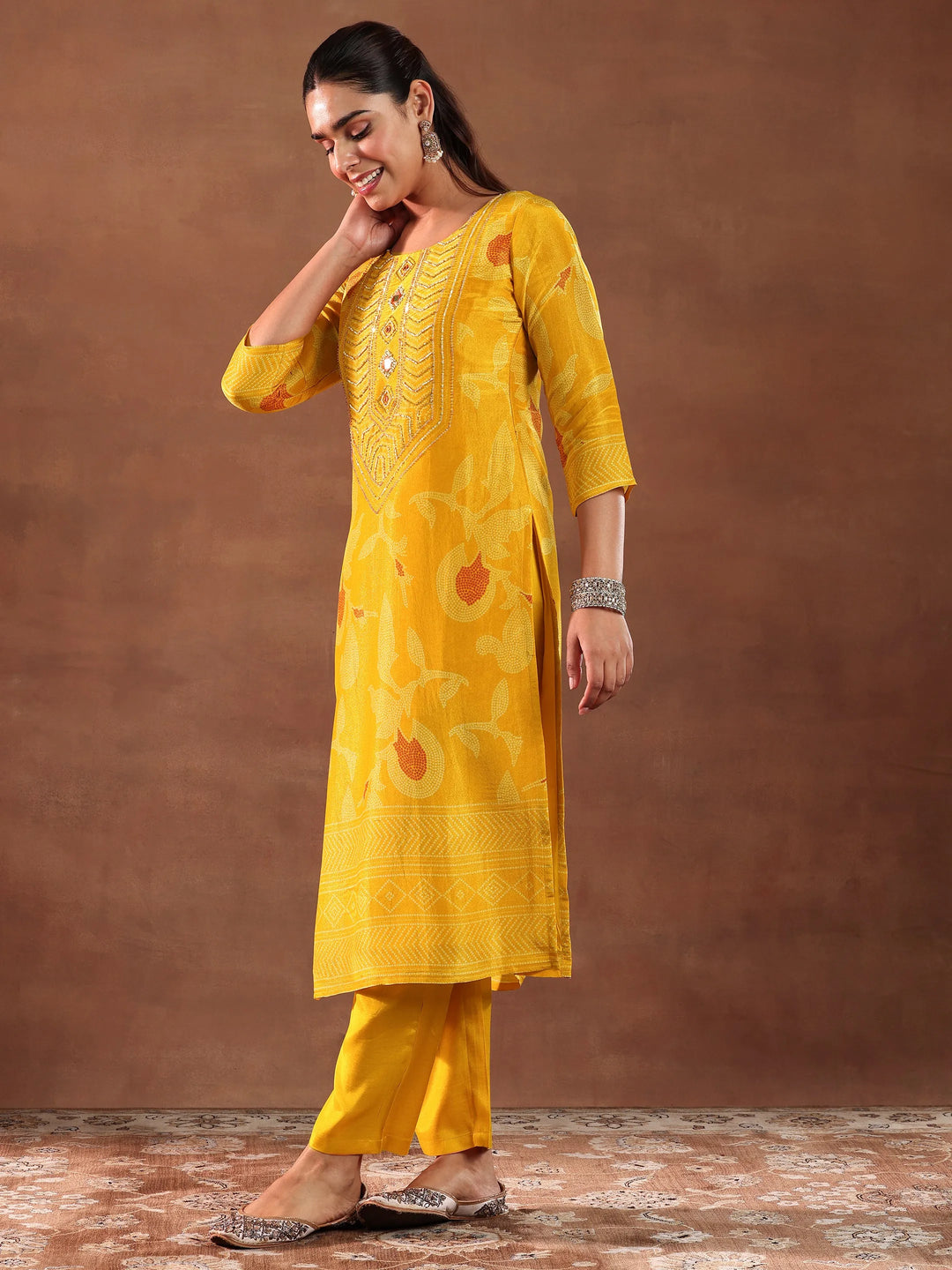  Mustard Printed Silk Blend Straight Suit With Dupatta 