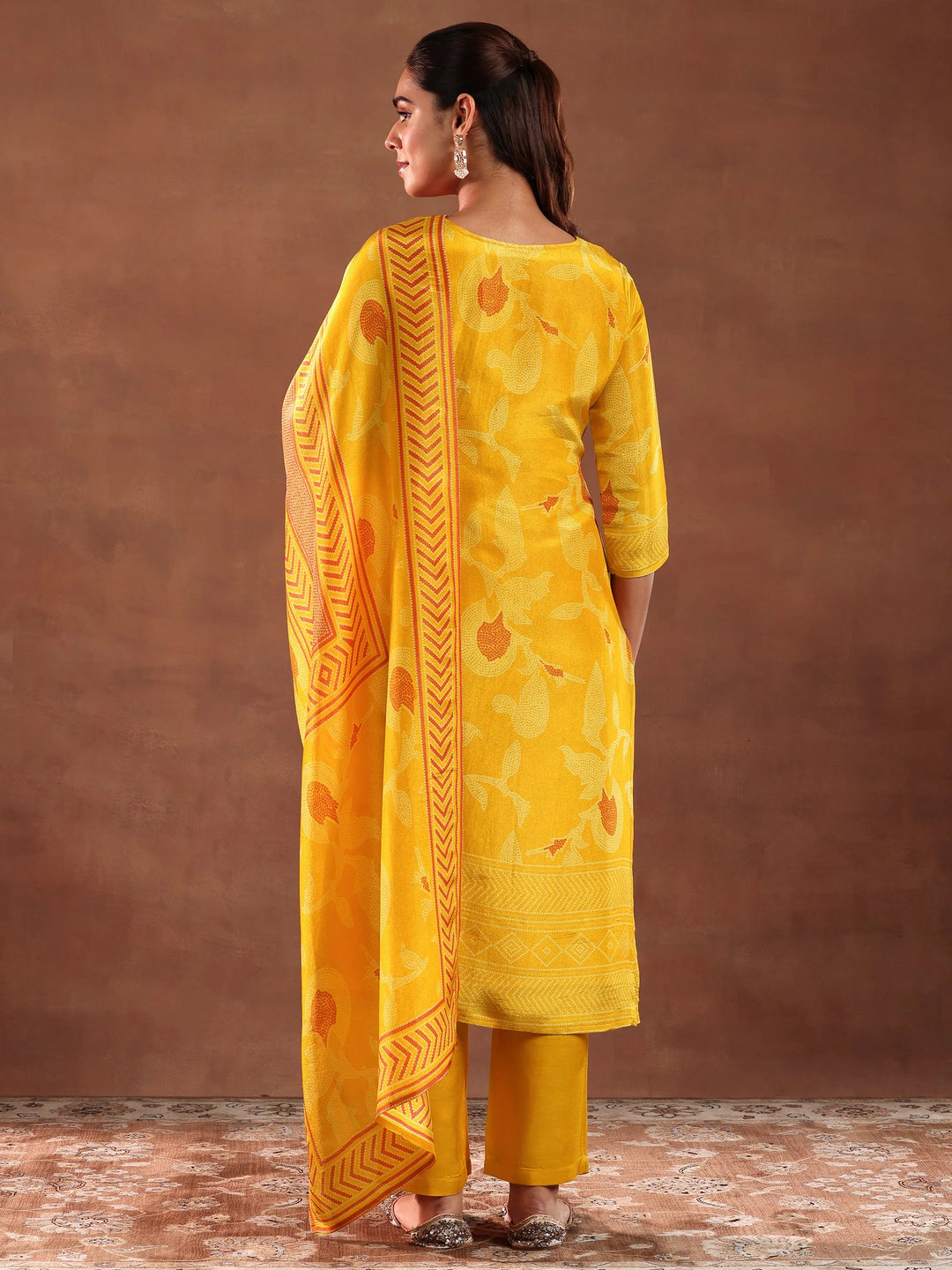  Mustard Printed Silk Blend Straight Suit With Dupatta 