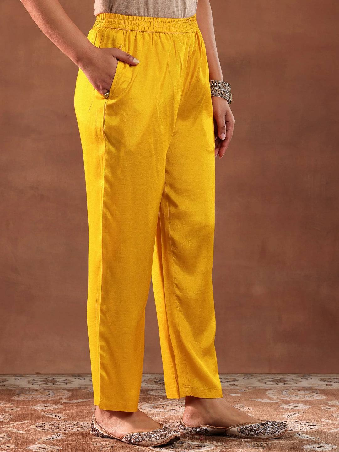  Mustard Printed Silk Blend Straight Suit With Dupatta 