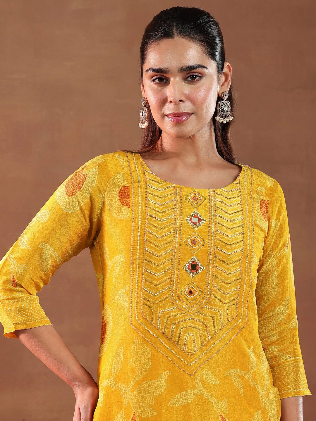  Mustard Printed Silk Blend Straight Suit With Dupatta 