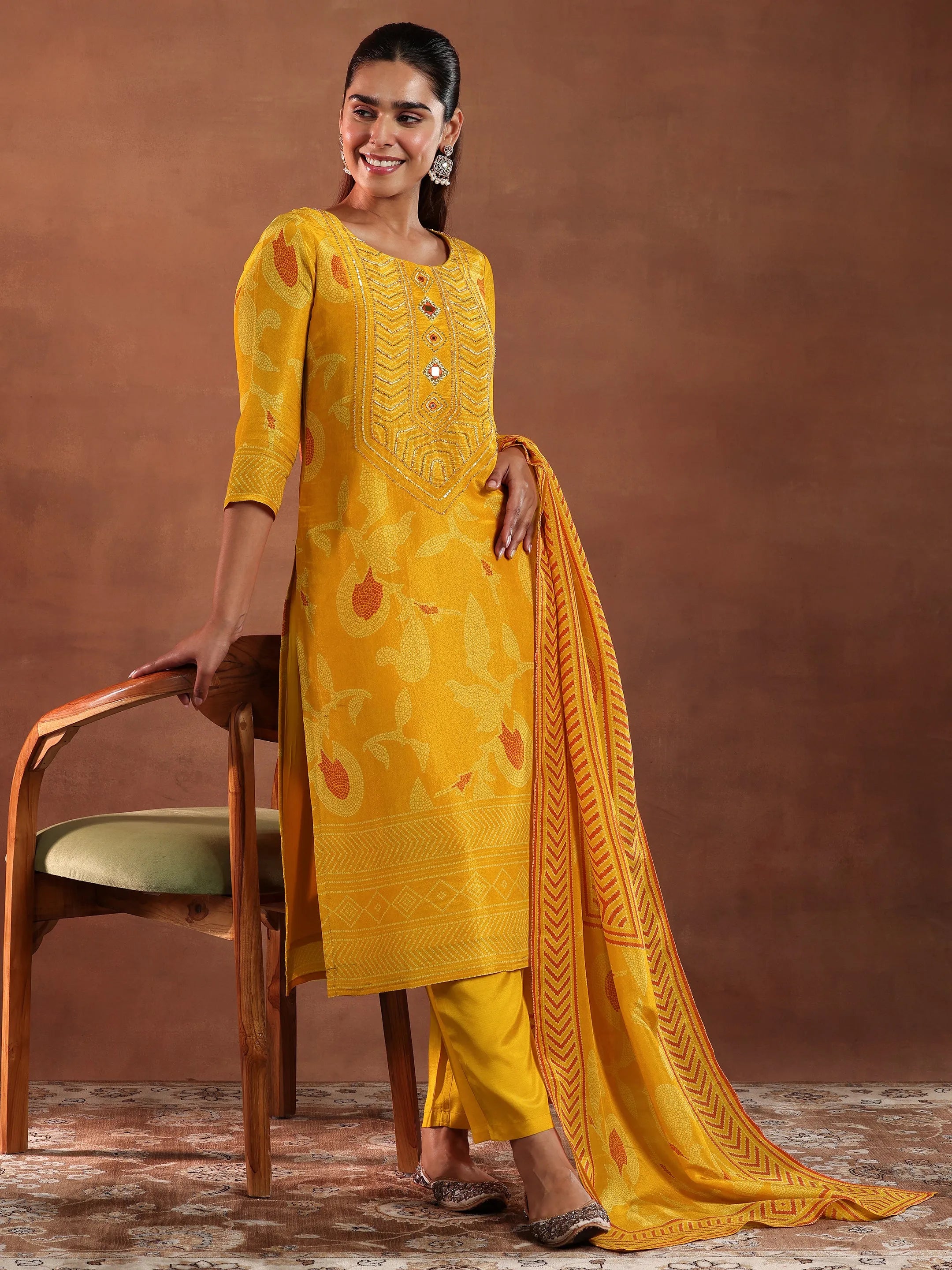 Mustard Printed Silk Blend Straight Suit With Dupatta-image-33