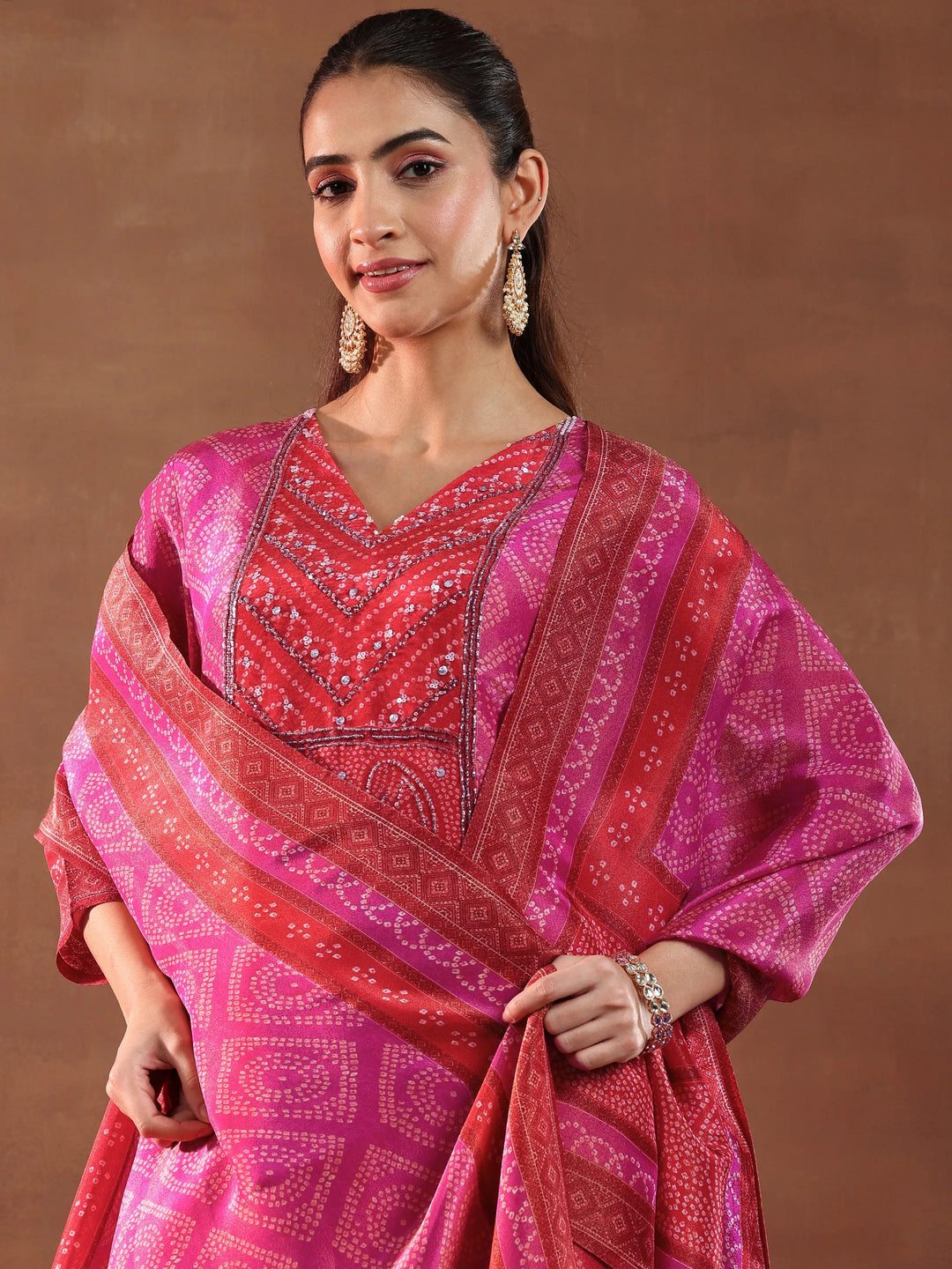  Pink Printed Silk Blend Straight Suit With Dupatta 