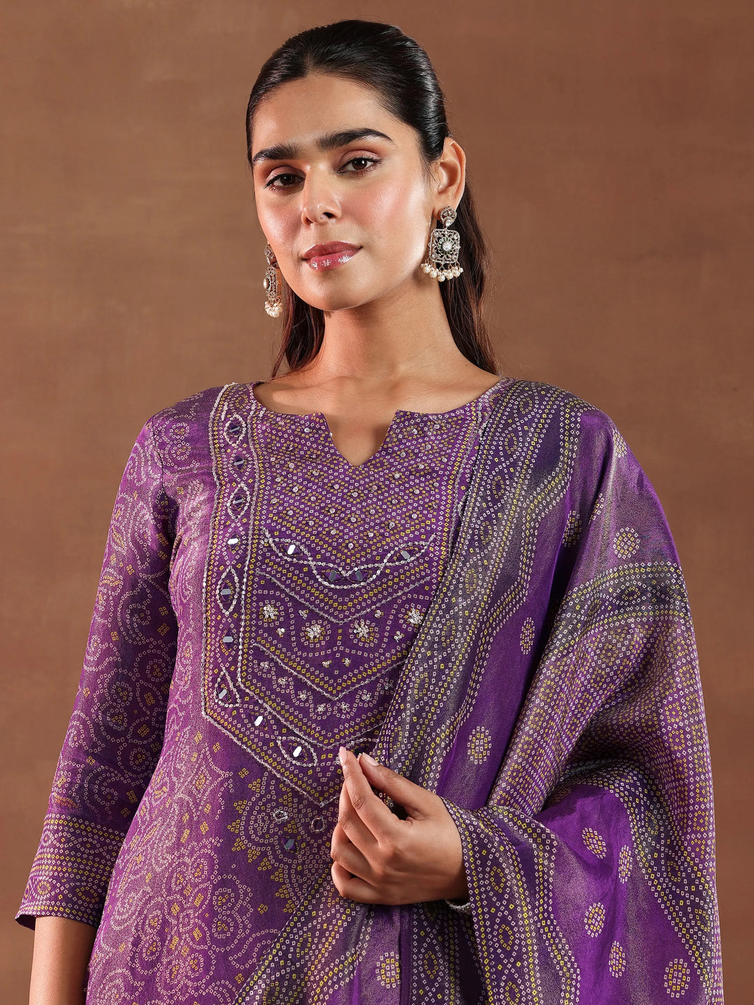  Purple Printed Silk Blend Straight Suit With Dupatta 