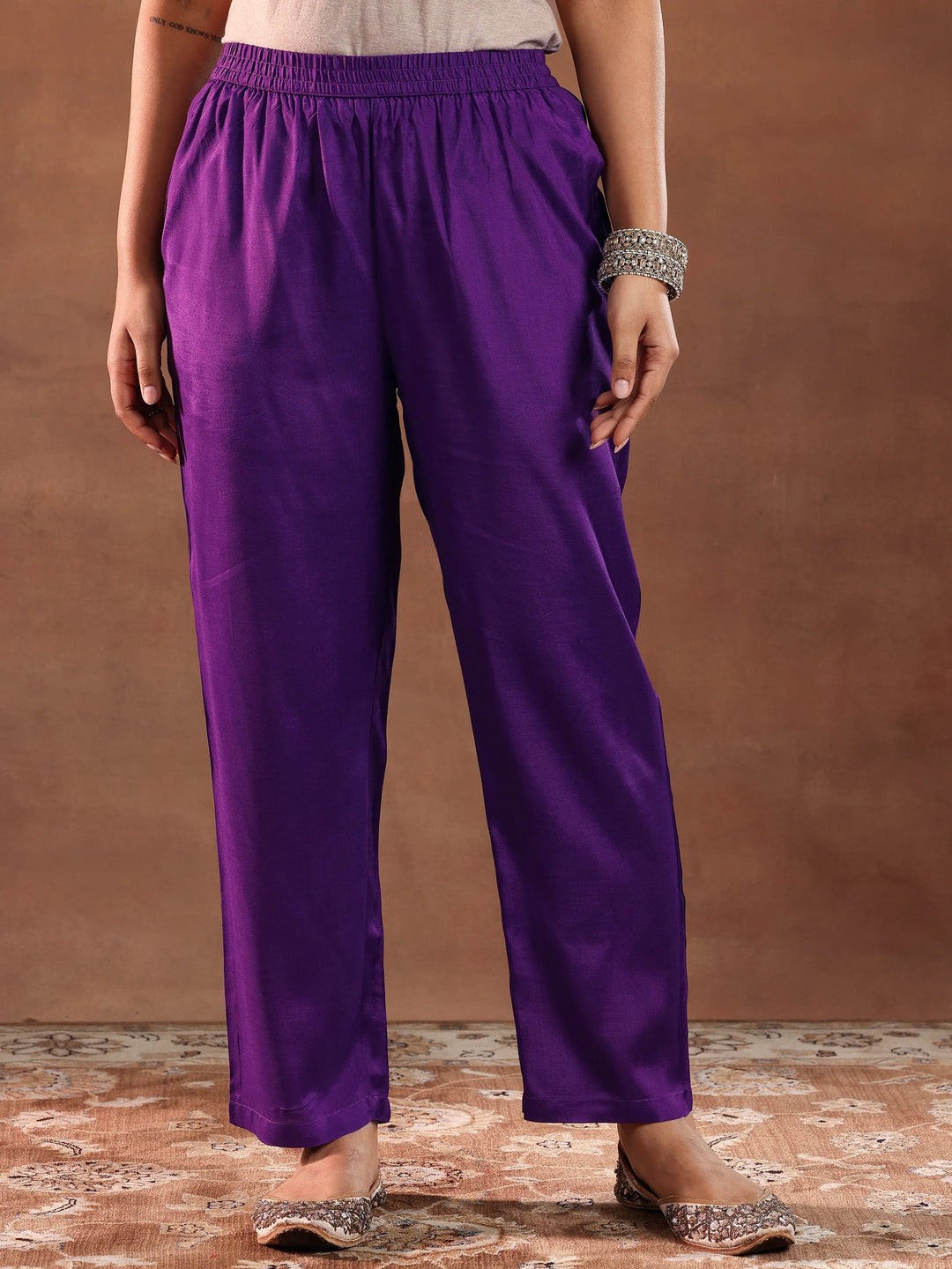  Purple Printed Silk Blend Straight Suit With Dupatta 
