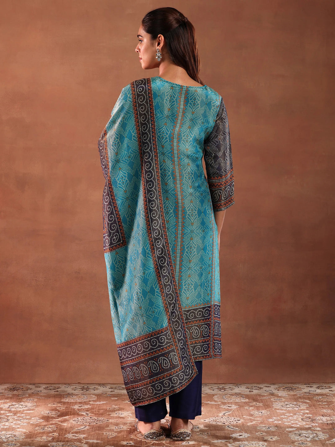  Blue Printed Silk Blend Straight Suit With Dupatta 