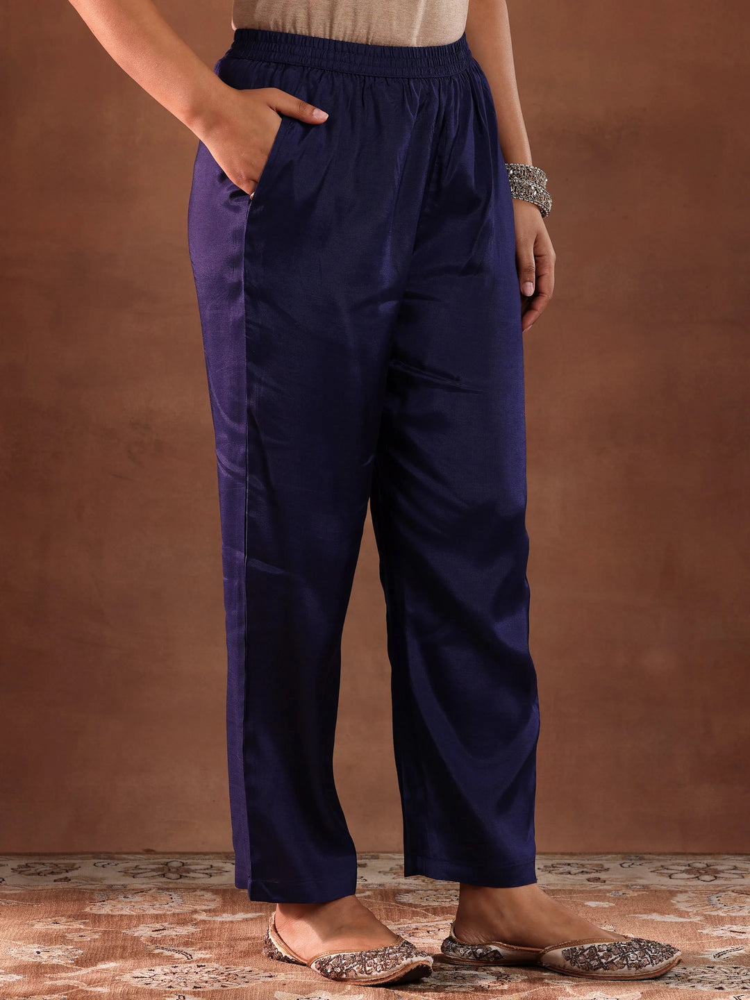  Blue Printed Silk Blend Straight Suit With Dupatta 