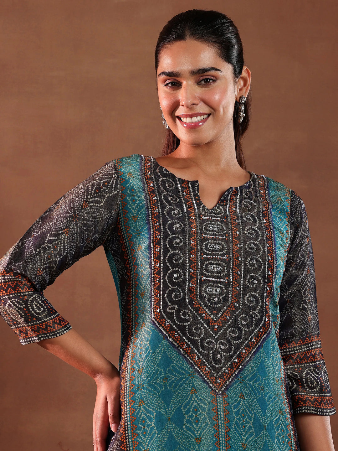  Blue Printed Silk Blend Straight Suit With Dupatta 