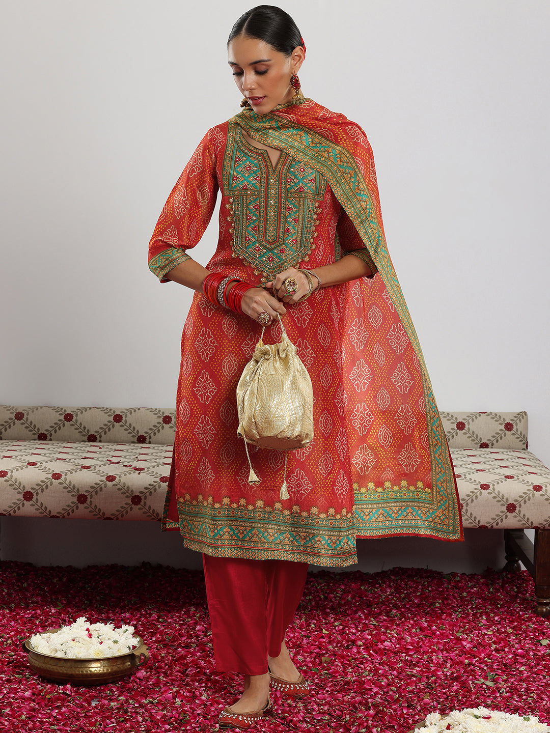 libas Orange Printed Silk Blend Straight Suit With Dupatta-picture-51