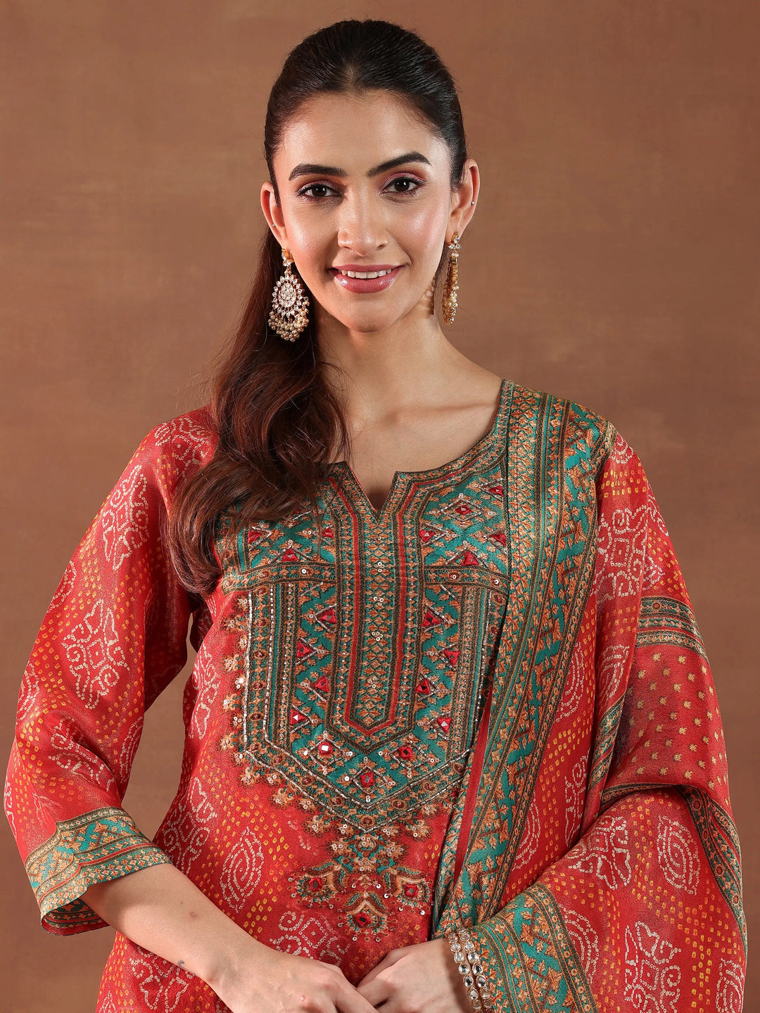  Orange Printed Silk Blend Straight Suit With Dupatta 