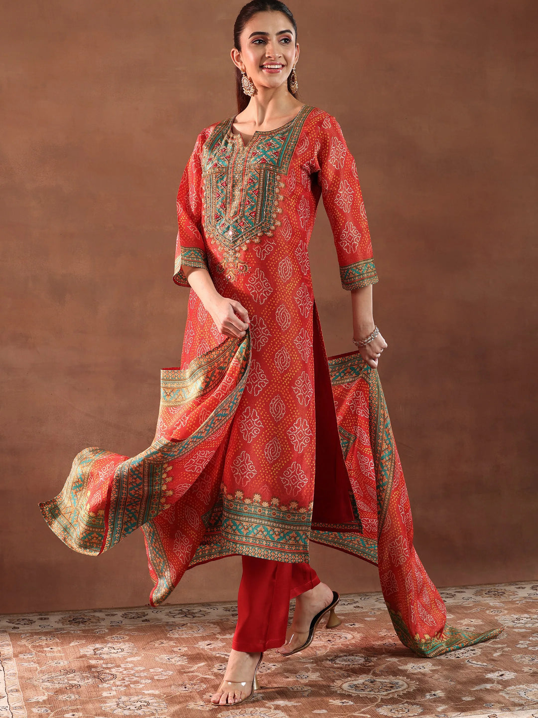  Orange Printed Silk Blend Straight Suit With Dupatta 