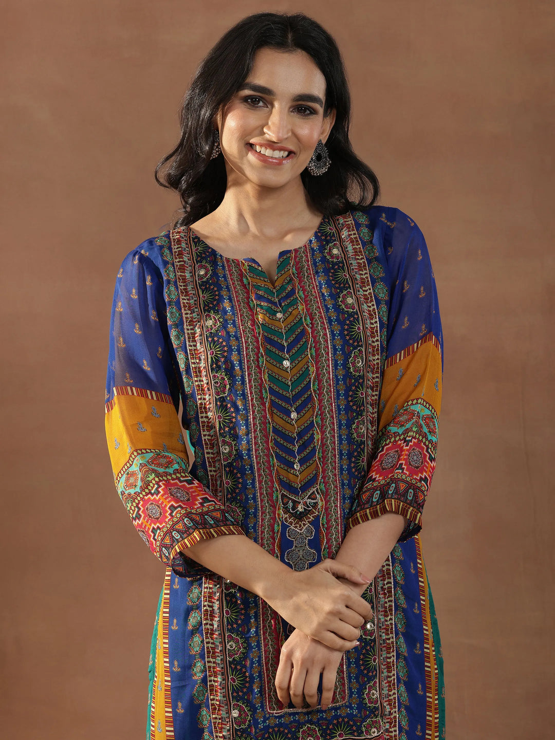  Multicoloured Printed Organza Straight Suit Set With Dupatta 