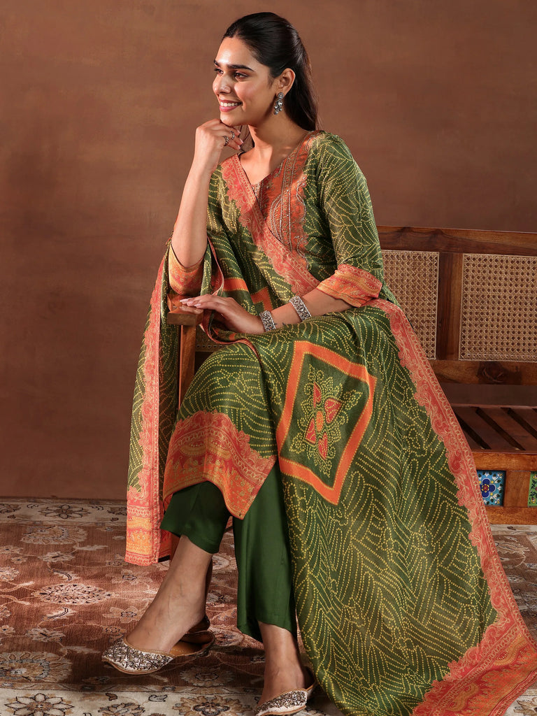 Libas Green Printed Silk Blend Straight Suit With Dupatta