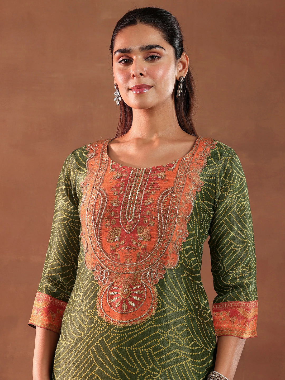  Green Printed Silk Blend Straight Suit With Dupatta 