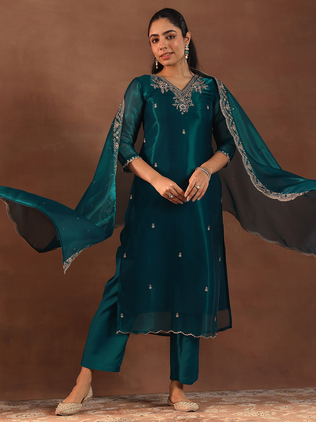 Teal Yoke Design Tissue Straight Suit With Dupatta-image-36