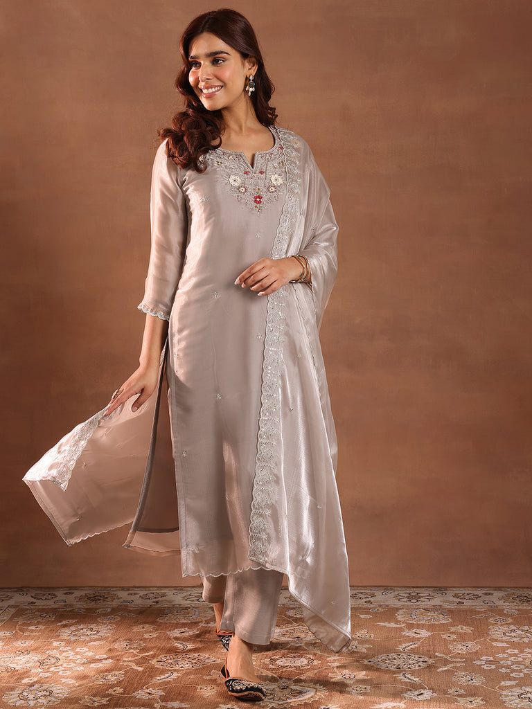 Buy Libas Taupe Yoke Design Tissue Straight Suit With Dupatta Online at Rs.2619