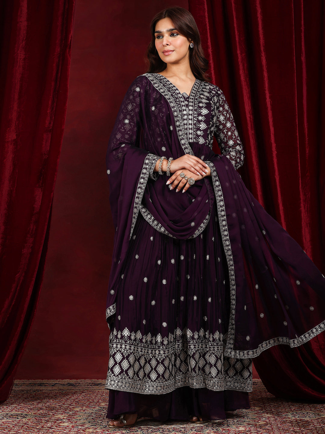  Libas Art Wine Embroidered Silk Blend A-Line Suit With Dupatta 