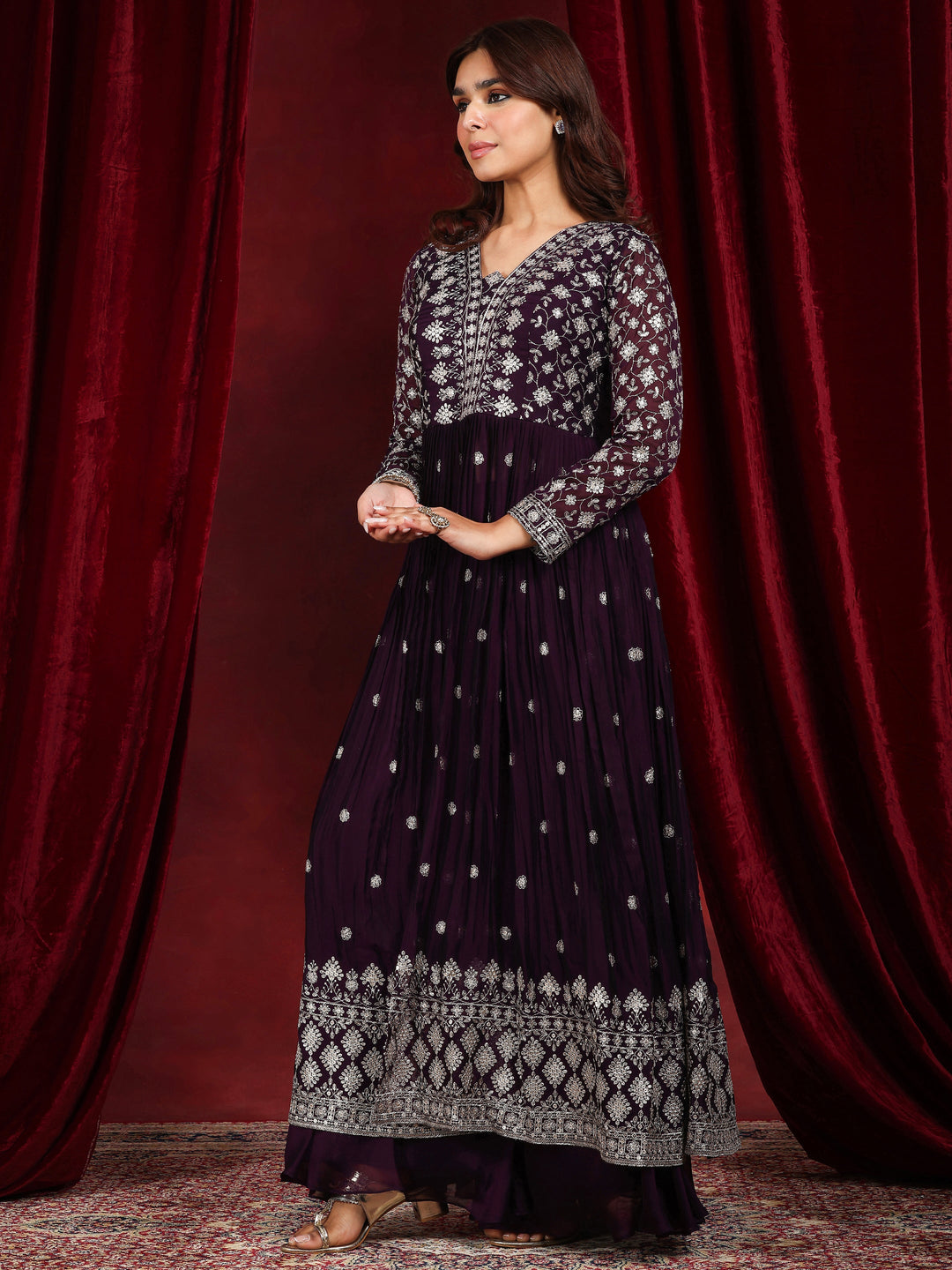  Libas Art Wine Embroidered Silk Blend A-Line Suit With Dupatta 