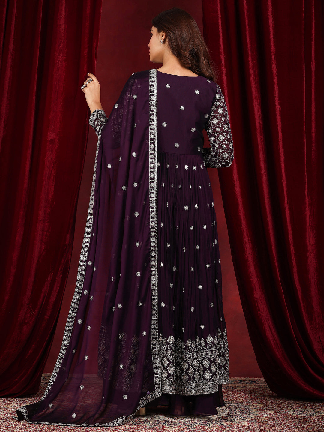  Libas Art Wine Embroidered Silk Blend A-Line Suit With Dupatta 
