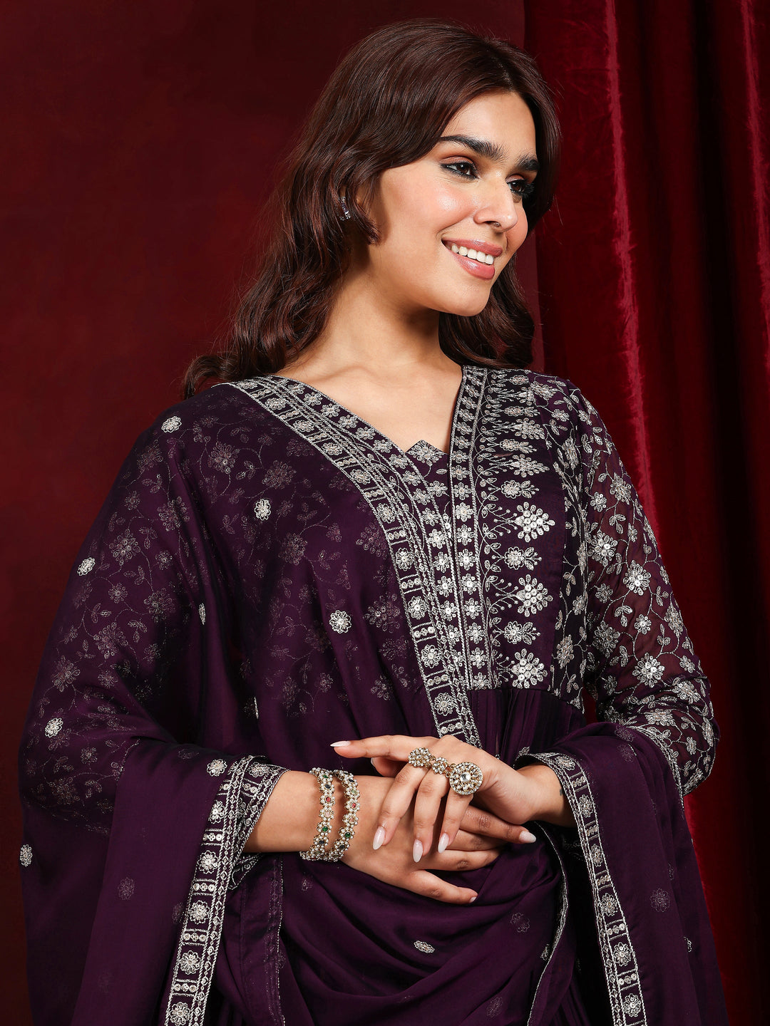  Libas Art Wine Embroidered Silk Blend A-Line Suit With Dupatta 