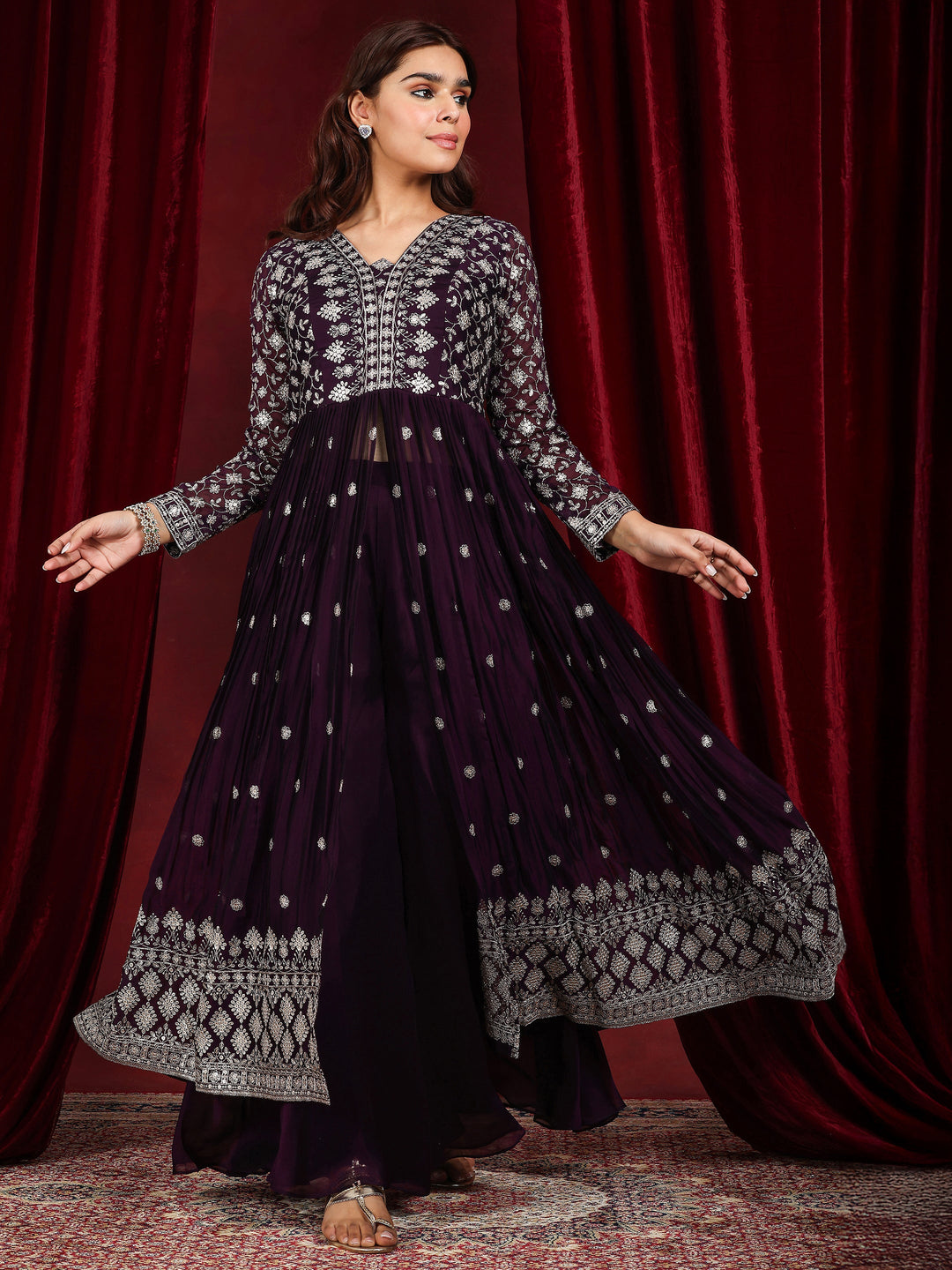 Libas Art Wine Embroidered Silk Blend A-Line Suit With Dupatta 