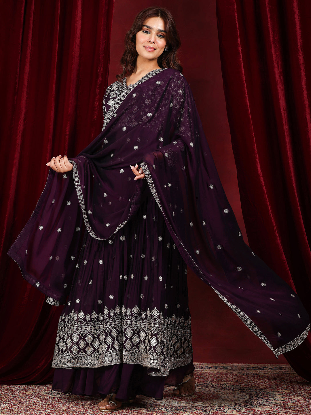  Libas Art Wine Embroidered Silk Blend A-Line Suit With Dupatta 