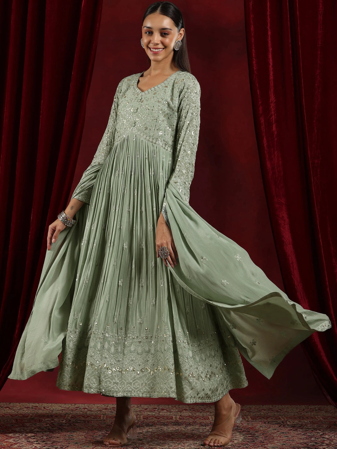  Libas Art Green Embroidered Chinon A-Line Kurta With Palazzos & Dupatta 