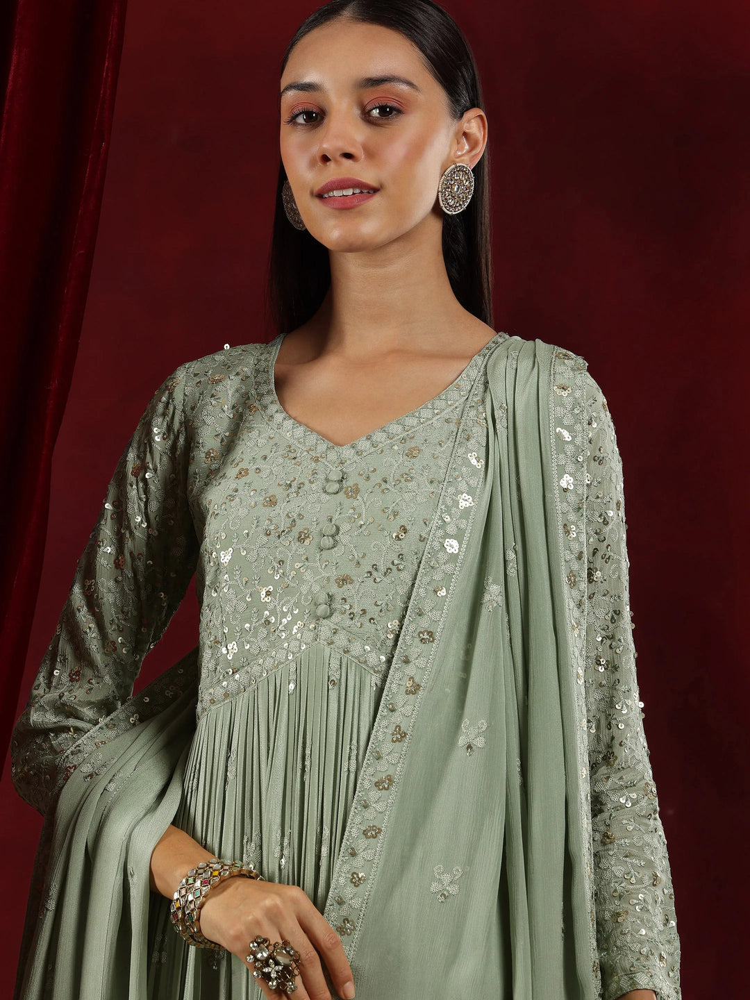  Libas Art Green Embroidered Chinon A-Line Kurta With Palazzos & Dupatta 