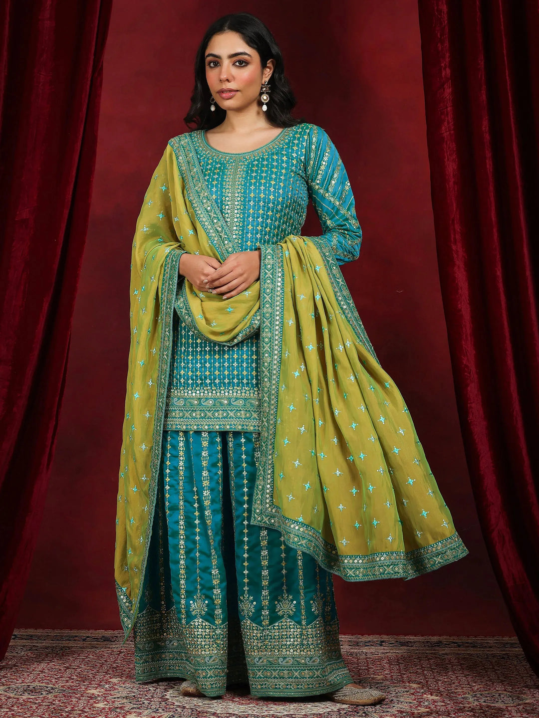  Libas Art Blue Embroidered Silk Blend Straight Suit With Dupatta 
