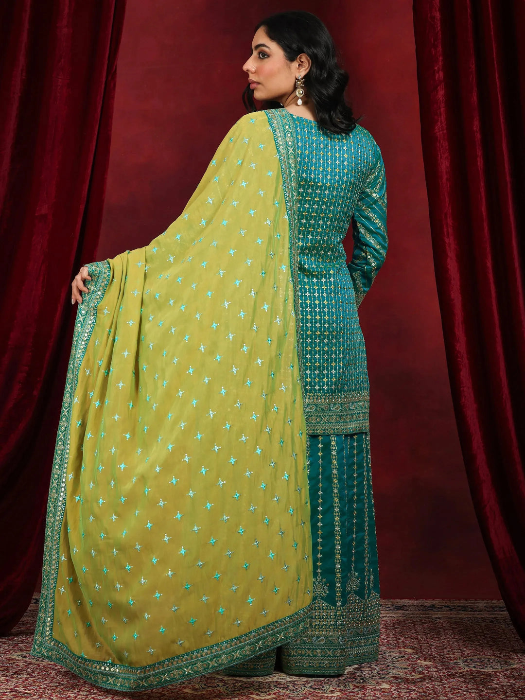  Libas Art Blue Embroidered Silk Blend Straight Suit With Dupatta 