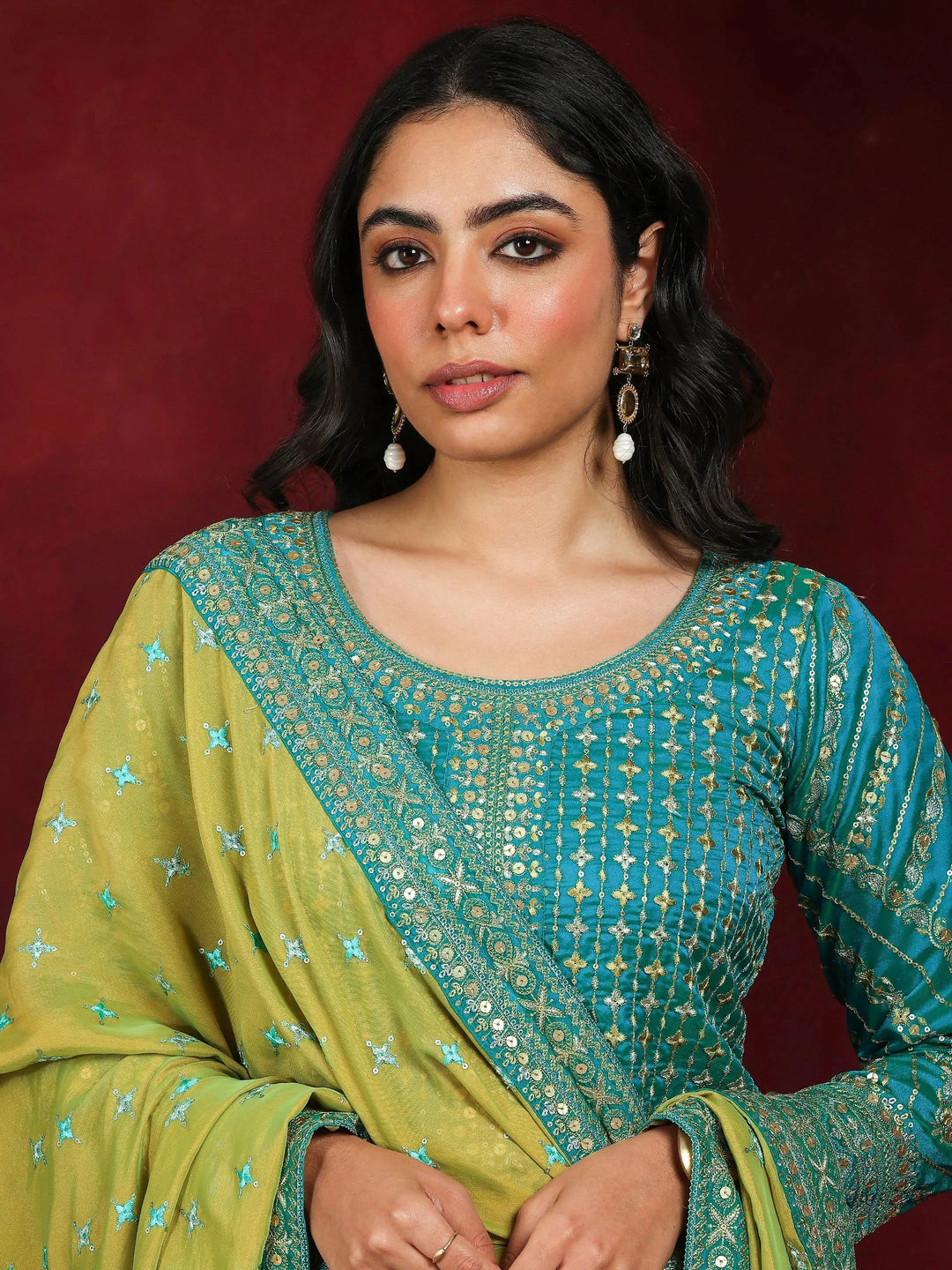  Libas Art Blue Embroidered Silk Blend Straight Suit With Dupatta 
