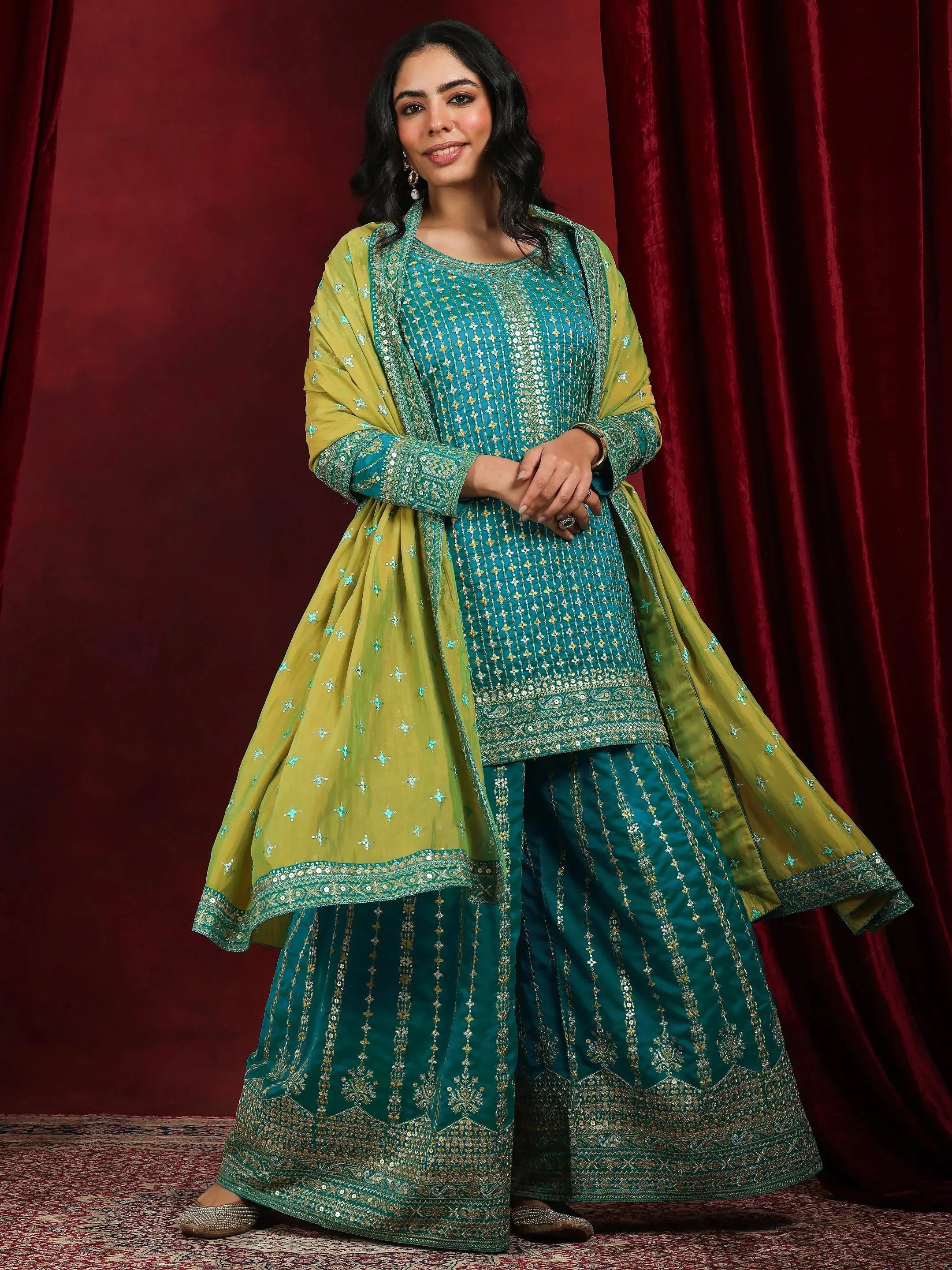 Libas Art Blue Embroidered Silk Blend Straight Suit With Dupatta-picture-30