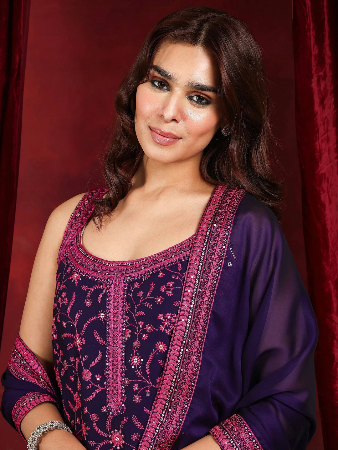  Libas Art Purple Embroidered Silk Blend Straight Suit With Dupatta 