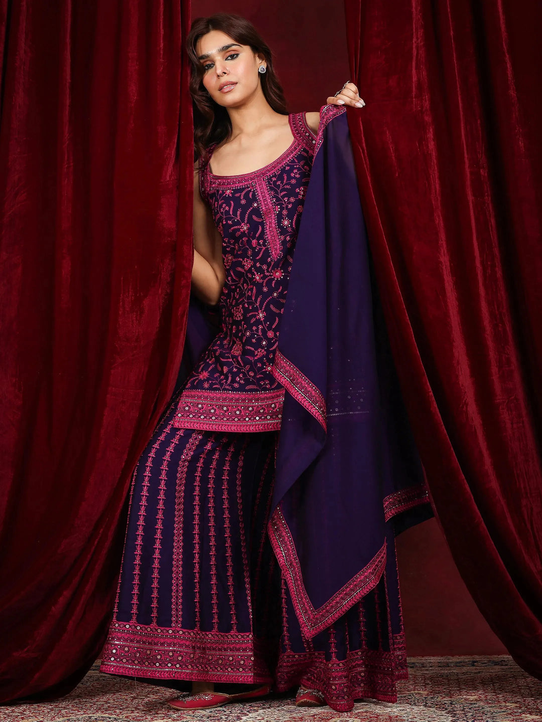  Libas Art Purple Embroidered Silk Blend Straight Suit With Dupatta 